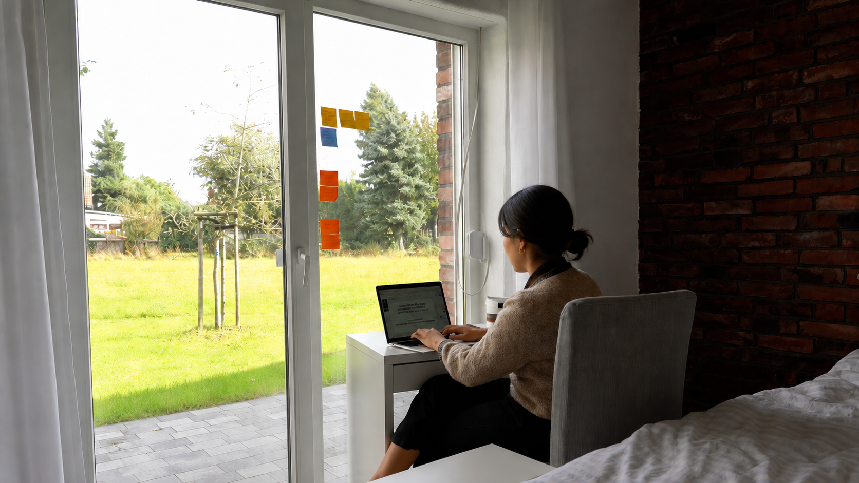 Arbeitsplatz am Fenster im Gästezimmer mit Blick in den Garten und Notizzetteln an der Scheibe