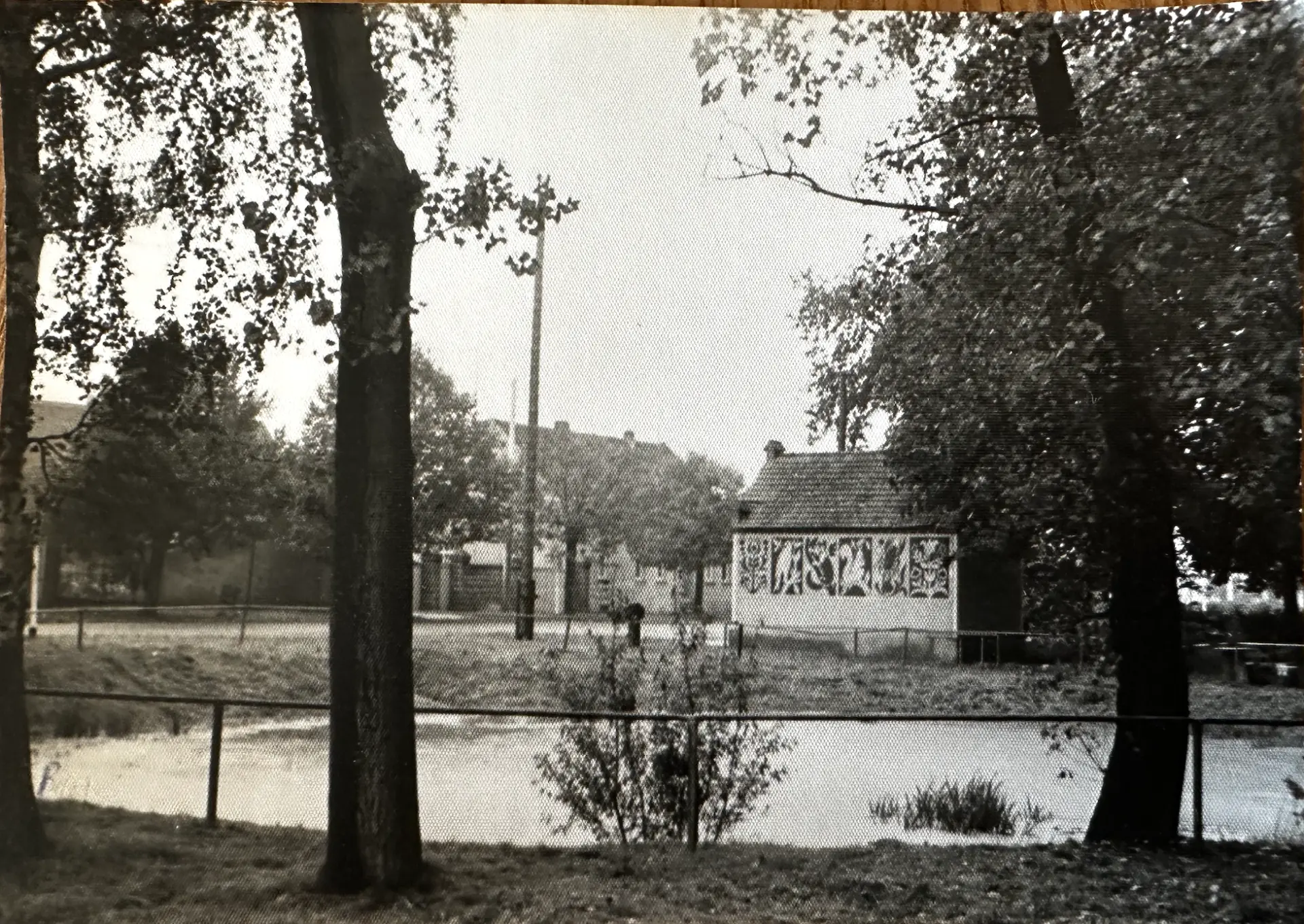 Historische Aufnahme des alten Dorfteichs in Bräsen: Bäume am Ufer, dahinter ein kleines Haus mit bemalter Fassade