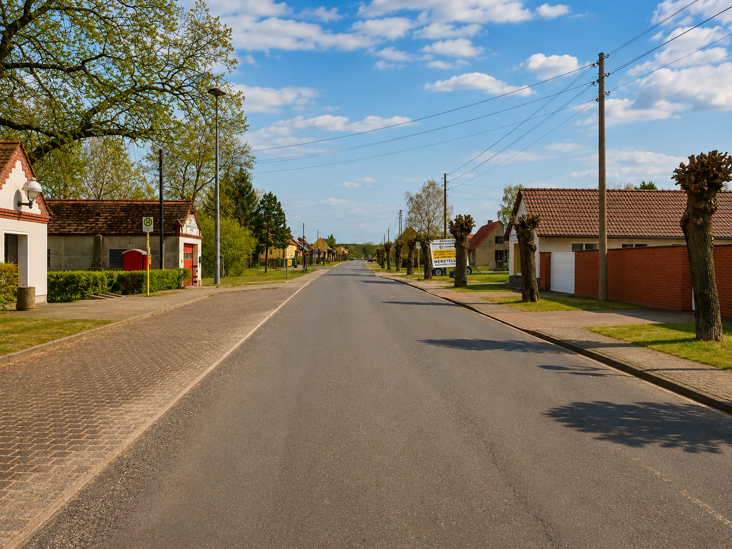 Dorfstraße in Bräsen mit Bushaltestelle, Kopfweiden und Klinkerscheune im Frühlingslicht
