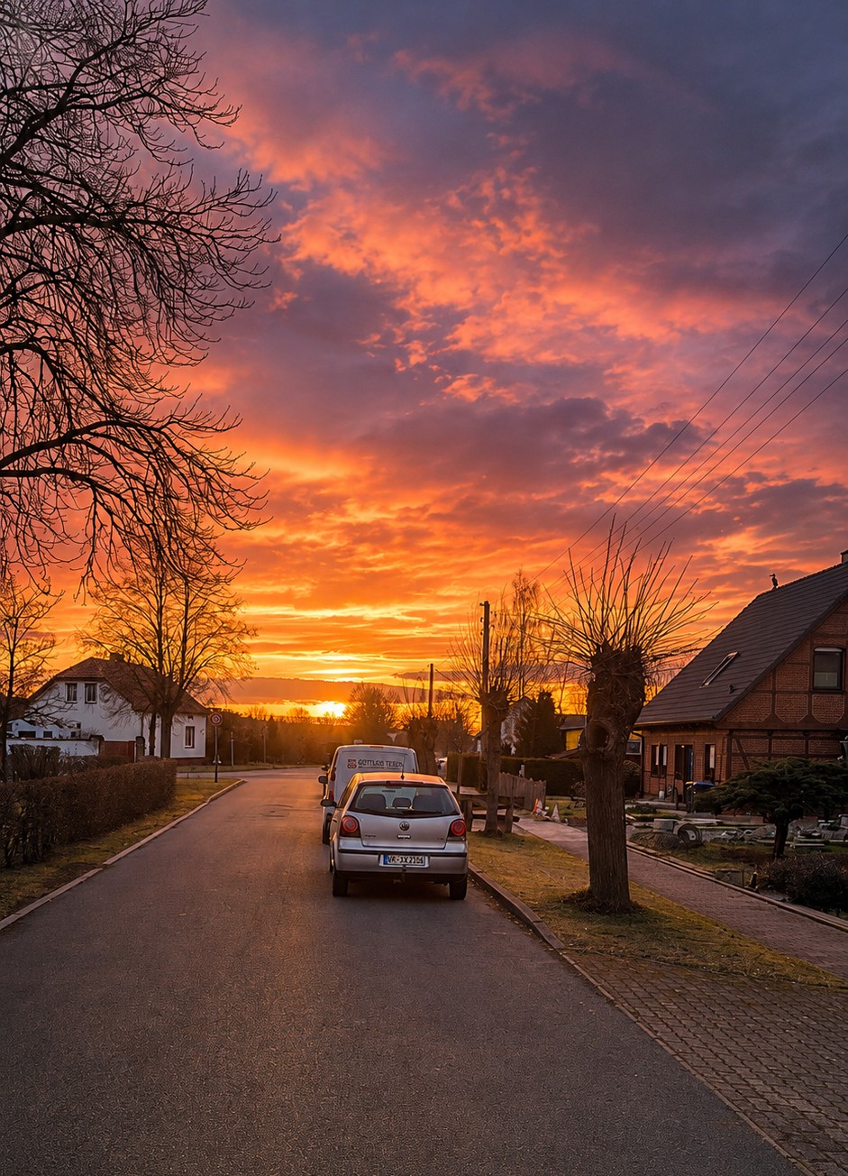 Sonnenuntergang über der Dorfstraße von Bräsen mit orange-violettem Abendhimmel