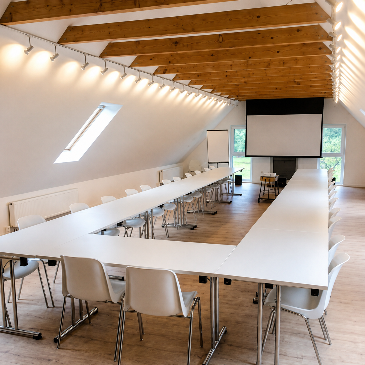 Seminarraum unter dem Dach mit langen weißen Tafeln, Leinwand und Flipchart